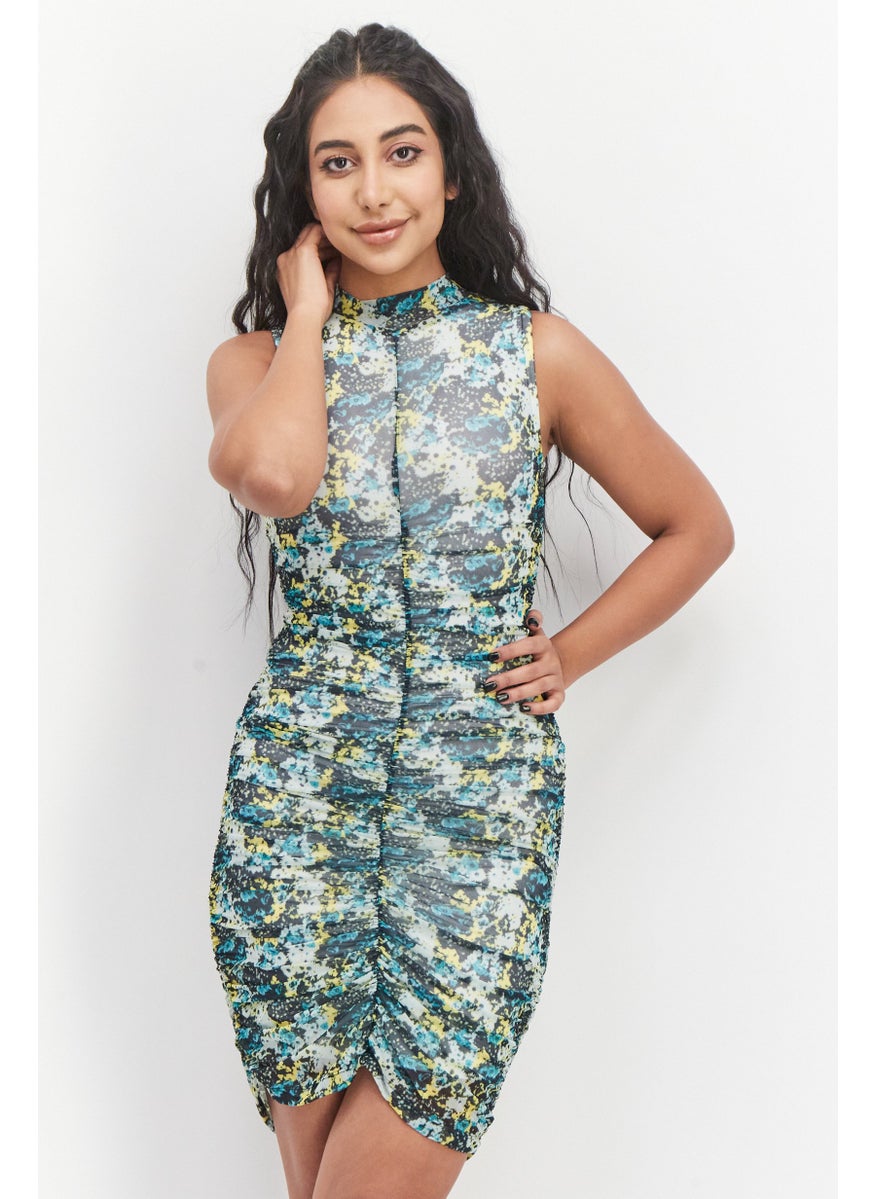 RIVER ISLAND Women All Over Print Mini Dress, Green Combo  - Image 1