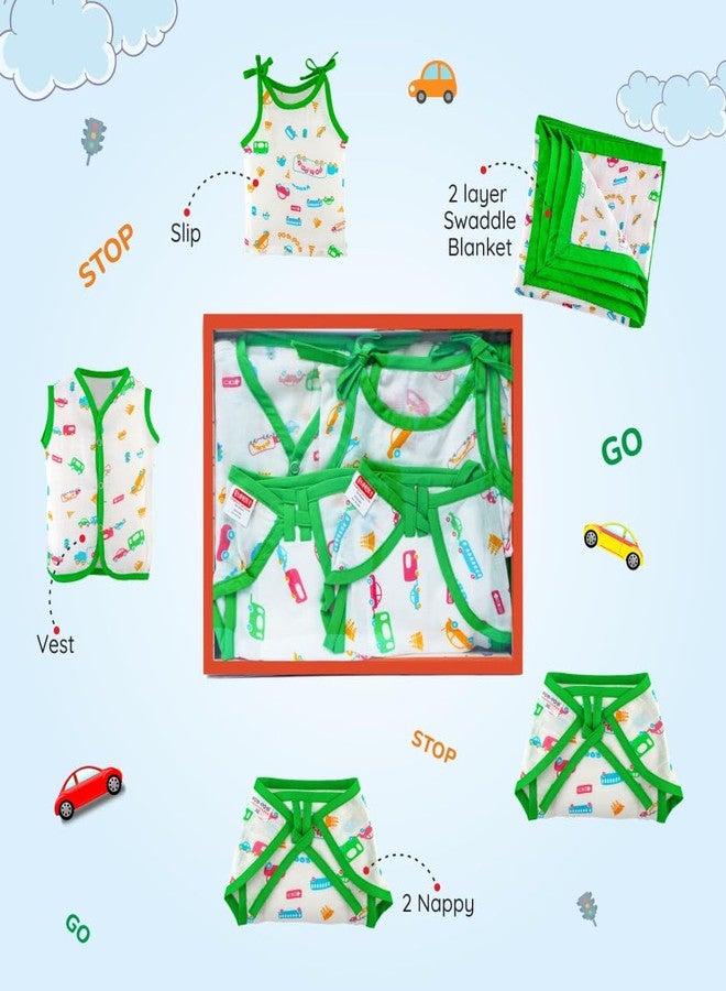 Bumsies Newborn Baby Clothing Gift Set –Soft 100% Cotton Essentials for Boys & Girls | Gift Box Pack of 5-1Vest, 1Slip, 2Tie-Up Nappy/Langot & a 2-Layer Swaddle/Blanket | Green (New Born) - Image 2