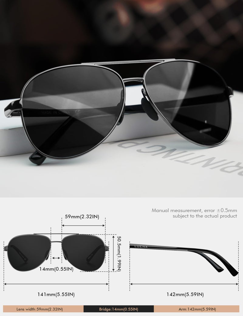 LUENX Aviator Sunglasses for Men Women Polarized - UV400 Protection, Classic Gun Metal Frame, Anti-Glare Grey Lenses, Lightweight & Durable, Stylish Eyewear for Driving & Outdoor Activities - Image 2