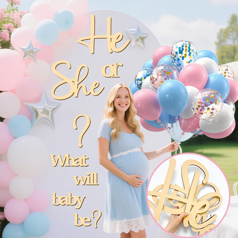 kokolap Large Wooden Gender Reveal Party Decor Backdrop Decals with 30 PCS Pink Blue Balloons He or She What Will Baby Be Balloon Arch Signs Colorable Boy or Girl Party Sticker Banner Baby Shower Photo Props - Image 3