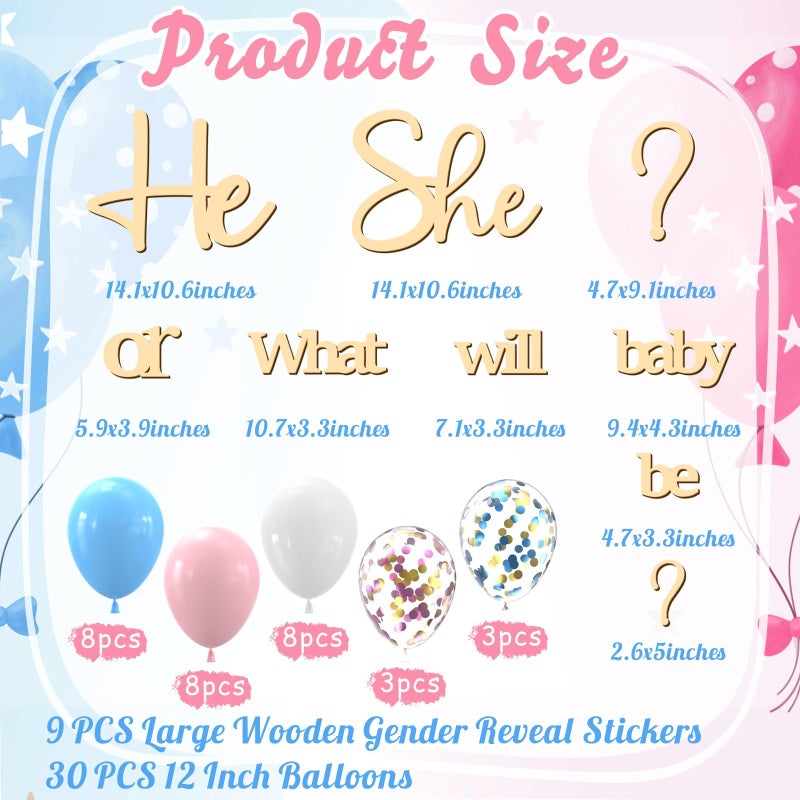 kokolap Large Wooden Gender Reveal Party Decor Backdrop Decals with 30 PCS Pink Blue Balloons He or She What Will Baby Be Balloon Arch Signs Colorable Boy or Girl Party Sticker Banner Baby Shower Photo Props - Image 4