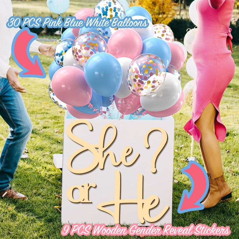 kokolap Large Wooden Gender Reveal Party Decor Backdrop Decals with 30 PCS Pink Blue Balloons He or She What Will Baby Be Balloon Arch Signs Colorable Boy or Girl Party Sticker Banner Baby Shower Photo Props - Image 2