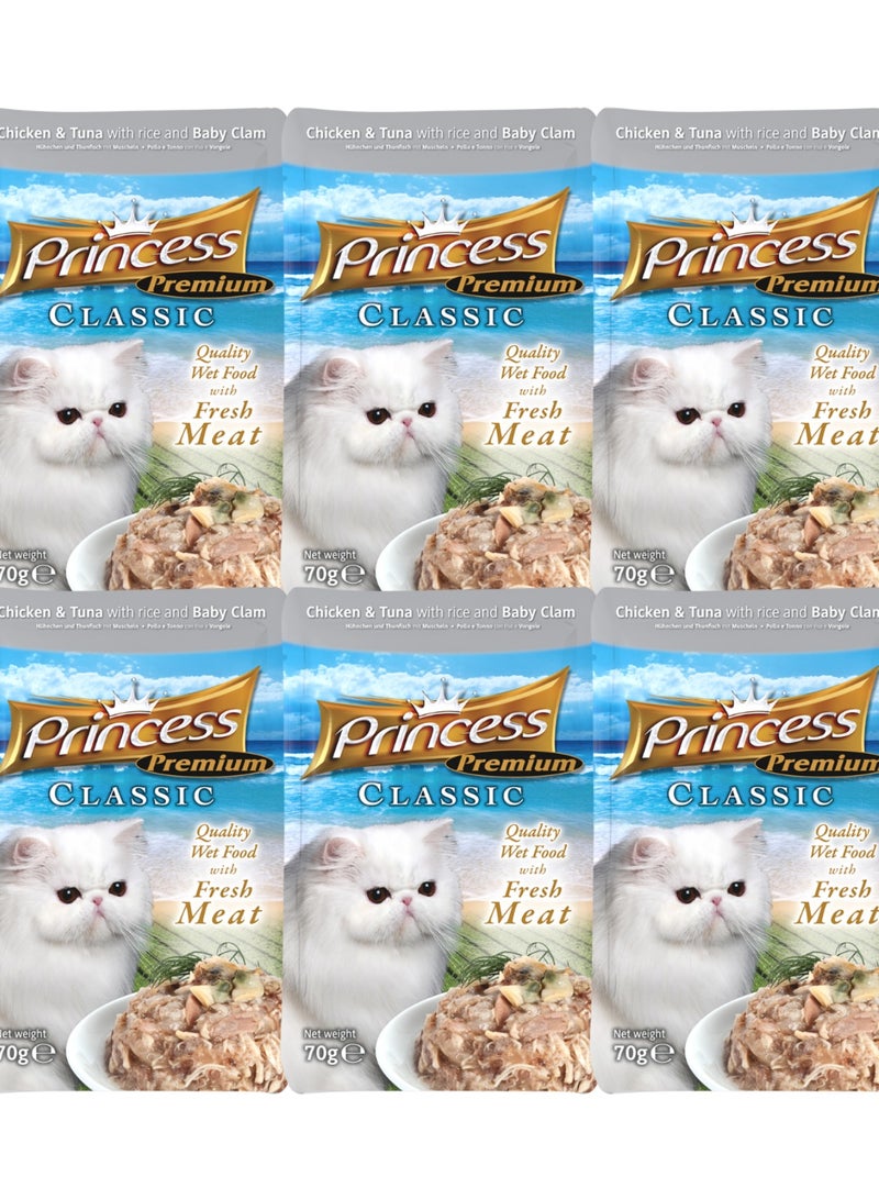 Princess Cat Wet Food With Chicken And Tuna With Rice And Baby Clam Flavor For Adult Cats - 6x70g - Image 1