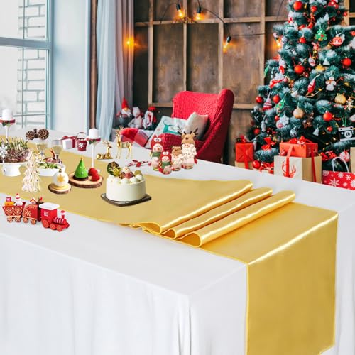 B.Cool Set of 5 Satin Table Runners Gold 12x108 inch Table Runner for Christmas Party Wedding Reception Banquet Decoration Bright Silk Smooth Fabric Party Chair Sashes - Image 3