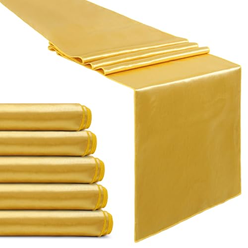 B.Cool Set of 5 Satin Table Runners Gold 12x108 inch Table Runner for Christmas Party Wedding Reception Banquet Decoration Bright Silk Smooth Fabric Party Chair Sashes - Image 1