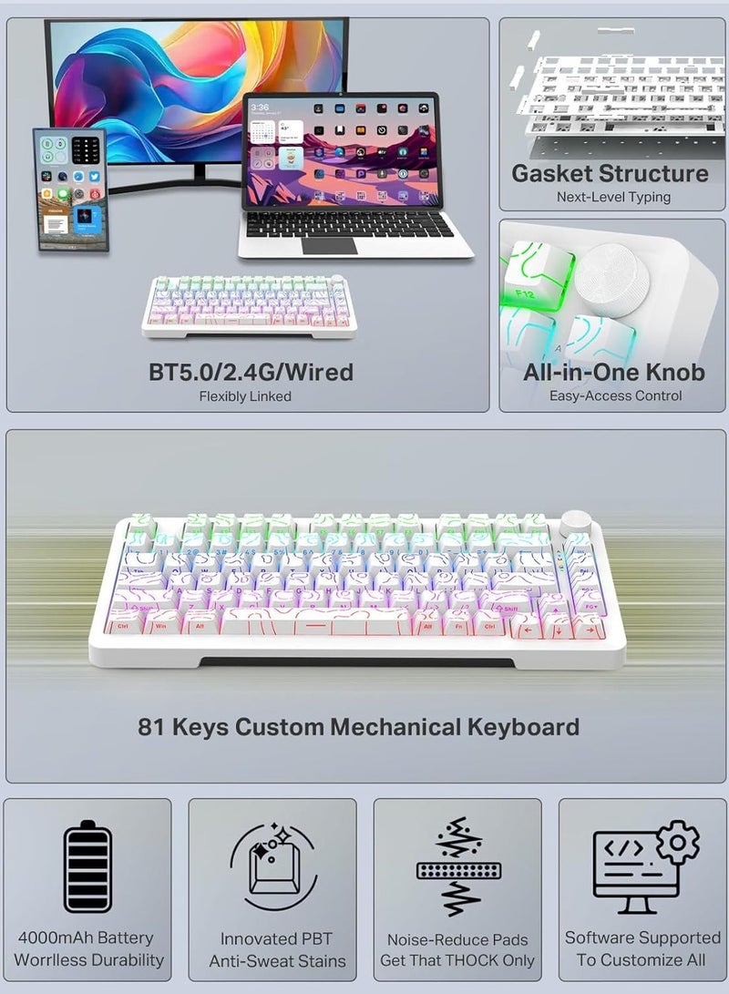 E-YOOSO Z82 Gasket Mechanical Keyboard, 75% Wireless Hot Swappable Gaming Keyboard with Five-Layer Padding&Knob, Bluetooth/2.4GHz/USB-C, RGB Backlit,Side Printed Keycap(White)  - Image 4