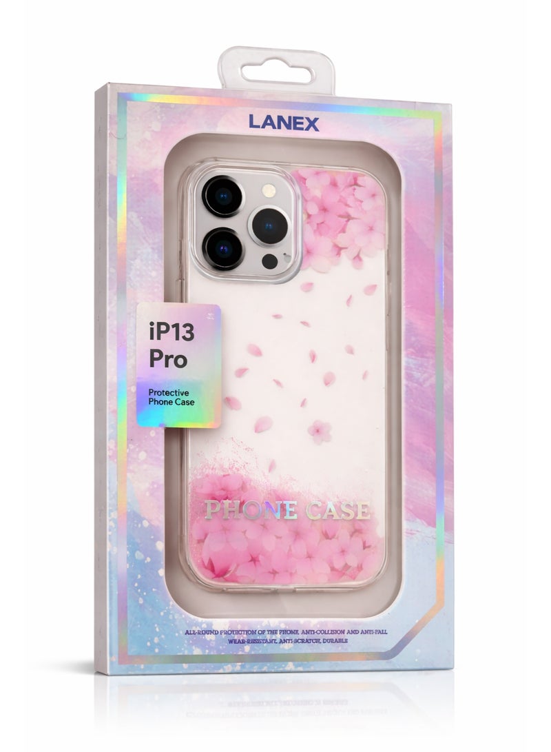 LANEX Clear Floral Phone Case for iPhone 13 Pro, Shockproof Bumper Cover with Falling Cherry Blossom Petals - Pink - Image 5