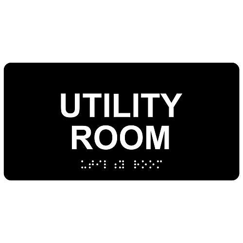 ComplianceSigns.com Utility Room Braille Sign, ADA-Compliant Braille and Raised Letters, 8x4 inch Black Acrylic with Adhesive Mounting Strips - Image 1