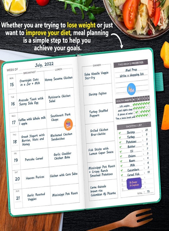 JUBTIC Meal Planner Notebook, Weekly & Daily Meal Prep Journal with Shopping and Grocery Lists for Food Planning Menu Planning Healthy Diet and Habits Tracker, Last 1 Year,Undated, A5, Green - Image 3