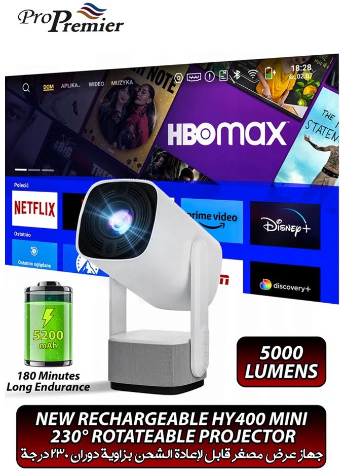 ProPremier Rechargeable 5000 Lumens HD Smart Projector Portable Mini Cinema 150 Inches Screen Display Lamp 4K Home Movie Theatre Gaming Video Presentations 230 Degree Rotating Screen Mobile Phone Projection  - Image 1