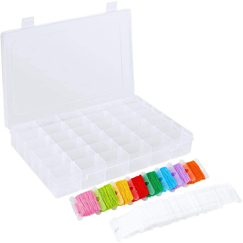 Onwon 100 Pieces Embroidery Thread Cards Cross Stitch Floss Bobbins and 36 Grids Plastic Storage Box Transparent Container for Thread Organizer Holder Earrings, Jewelry Making Tool, Beads - Image 1