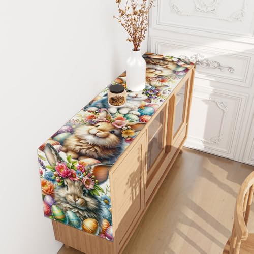 Jiudungs Watercolor Bunny Rabbit Flower Easter Table Runner Easter Spring Summer Home Kitchen Dining Room Table Decorations 13x72 Inch - Image 5