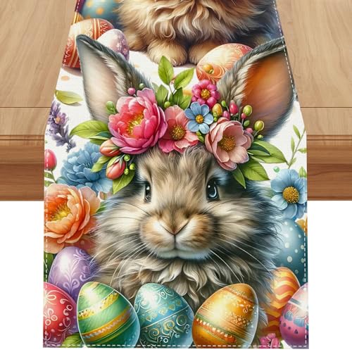 Jiudungs Watercolor Bunny Rabbit Flower Easter Table Runner Easter Spring Summer Home Kitchen Dining Room Table Decorations 13x72 Inch - Image 1
