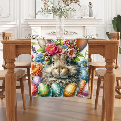 Jiudungs Watercolor Bunny Rabbit Flower Easter Table Runner Easter Spring Summer Home Kitchen Dining Room Table Decorations 13x72 Inch - Image 2