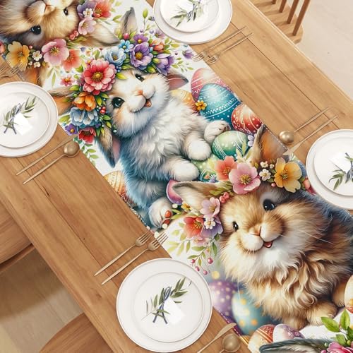 Jiudungs Watercolor Bunny Rabbit Flower Easter Table Runner Easter Spring Summer Home Kitchen Dining Room Table Decorations 13x72 Inch - Image 4