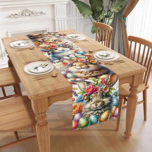 Jiudungs Watercolor Bunny Rabbit Flower Easter Table Runner Easter Spring Summer Home Kitchen Dining Room Table Decorations 13x72 Inch - Image 3