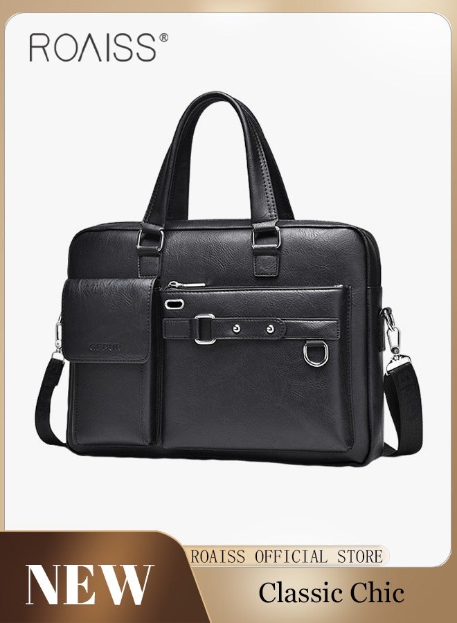 رويس حقيبة كتف للأعمال من جلد البولي يوريثان للرجال، سحاب ناعم وحزام قابل للتعديل مقاوم للماء، حقيبة كروس ذات سعة كبيرة للرجال، حقيبة يد أنيقة للتنقل، تتضمن مقصورة للكمبيوتر - Image 1