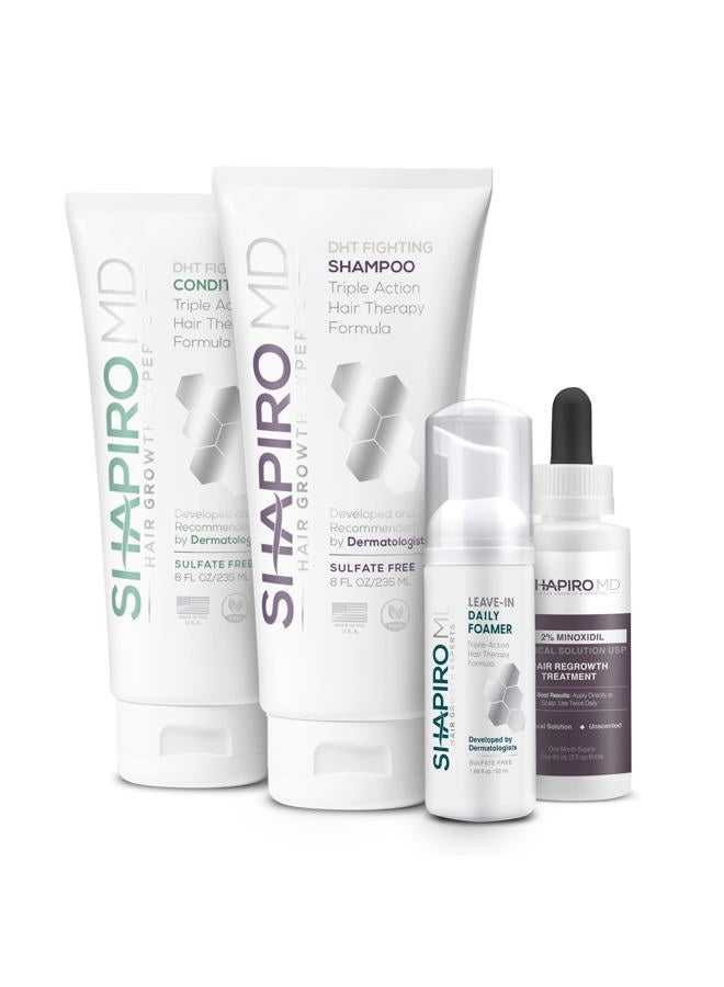 Shapiro MD مجموعة شابيرو إم دي لزيادة نمو الشعر للنساء: شامبو، بلسم، 2% مينوكسيديل، رغوة تترك على الشعر. حل لمشكلة تساقط الشعر وترققه للنساء، 1 شهر - Image 1