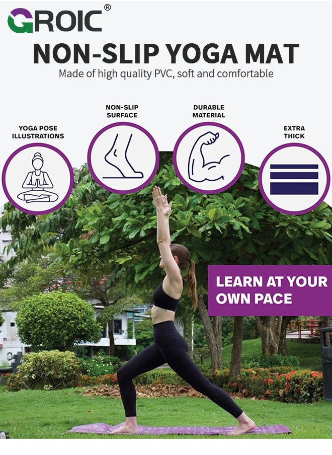 GROIC Fitness Yoga Mat for Women and Men - Large, 4mm Thick, 68 Inch *24 Inch, Non Slip Exercise Mats w/ 70 Printed Yoga Poses for Pilates, Workout and Stretching - Home and Gym Essentials  - Image 2