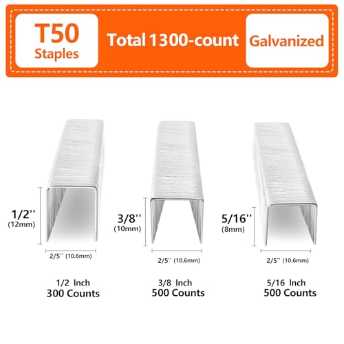 SITLDY Heavy Duty T50 Staples 1300-Count 3 Sizes Includes: 5/16"-500, 3/8"-500, 1/2"-300, Galvanized Assorted Size Project Pack - Image 2