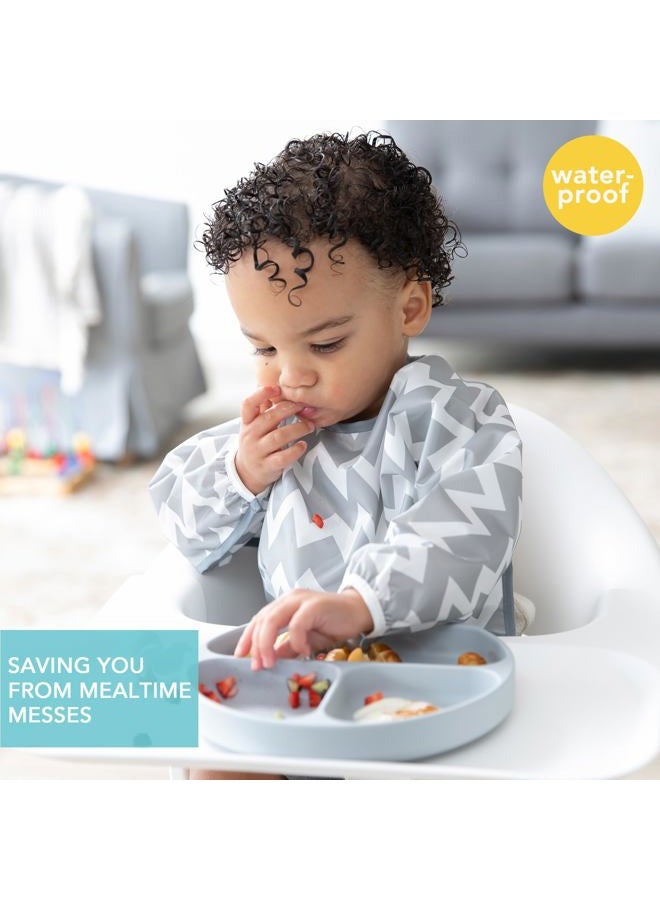 BUMKiNs Sleeved Bib for Girl or Boy, Baby and Toddler for 6-24 Mos, Essential Must Have for Eating, Feeding, Baby Led Weaning Supplies, Long Sleeve Mess Saving Food Catcher, Soft Fabric, Gray Chevron - Image 2
