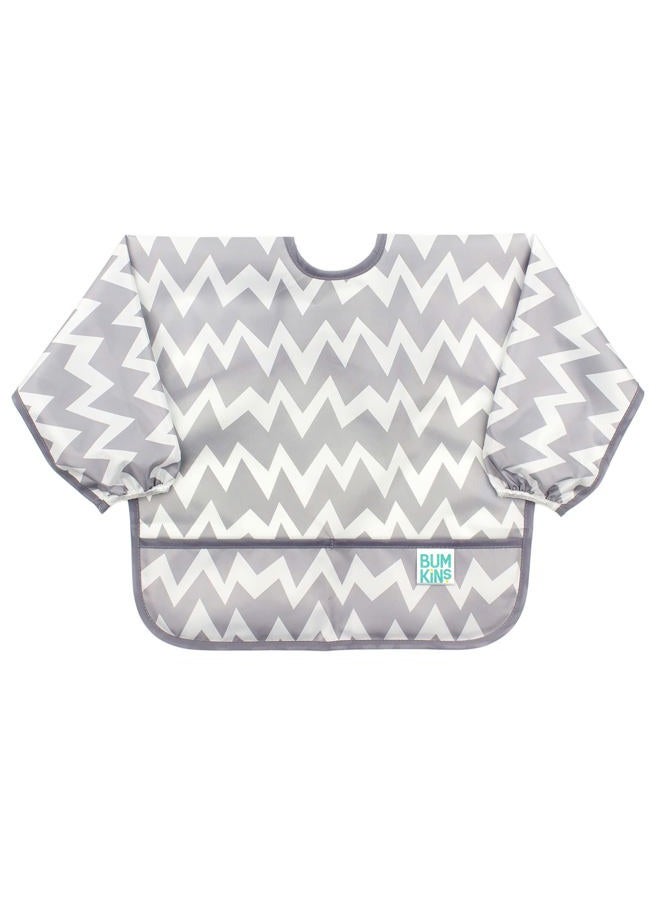BUMKiNs Sleeved Bib for Girl or Boy, Baby and Toddler for 6-24 Mos, Essential Must Have for Eating, Feeding, Baby Led Weaning Supplies, Long Sleeve Mess Saving Food Catcher, Soft Fabric, Gray Chevron - Image 1