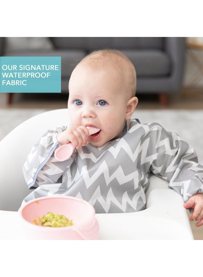 BUMKiNs Sleeved Bib for Girl or Boy, Baby and Toddler for 6-24 Mos, Essential Must Have for Eating, Feeding, Baby Led Weaning Supplies, Long Sleeve Mess Saving Food Catcher, Soft Fabric, Gray Chevron - Image 3