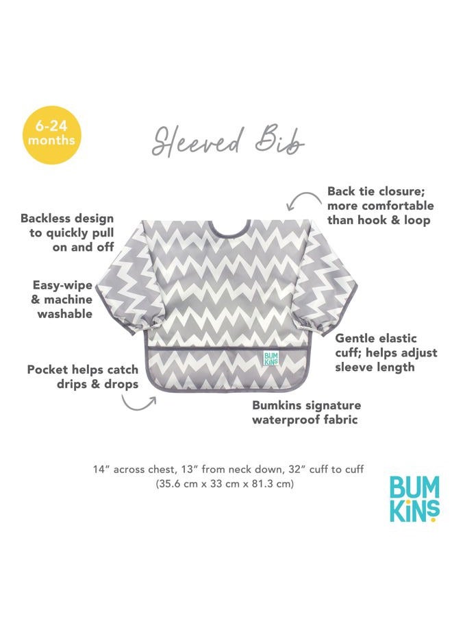 BUMKiNs Sleeved Bib for Girl or Boy, Baby and Toddler for 6-24 Mos, Essential Must Have for Eating, Feeding, Baby Led Weaning Supplies, Long Sleeve Mess Saving Food Catcher, Soft Fabric, Gray Chevron - Image 5