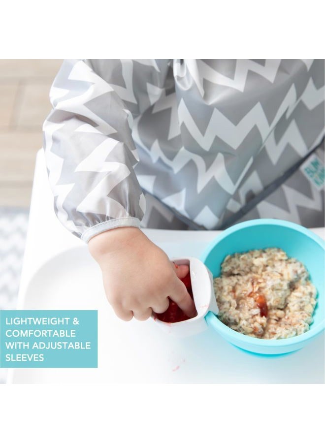 BUMKiNs Sleeved Bib for Girl or Boy, Baby and Toddler for 6-24 Mos, Essential Must Have for Eating, Feeding, Baby Led Weaning Supplies, Long Sleeve Mess Saving Food Catcher, Soft Fabric, Gray Chevron - Image 4