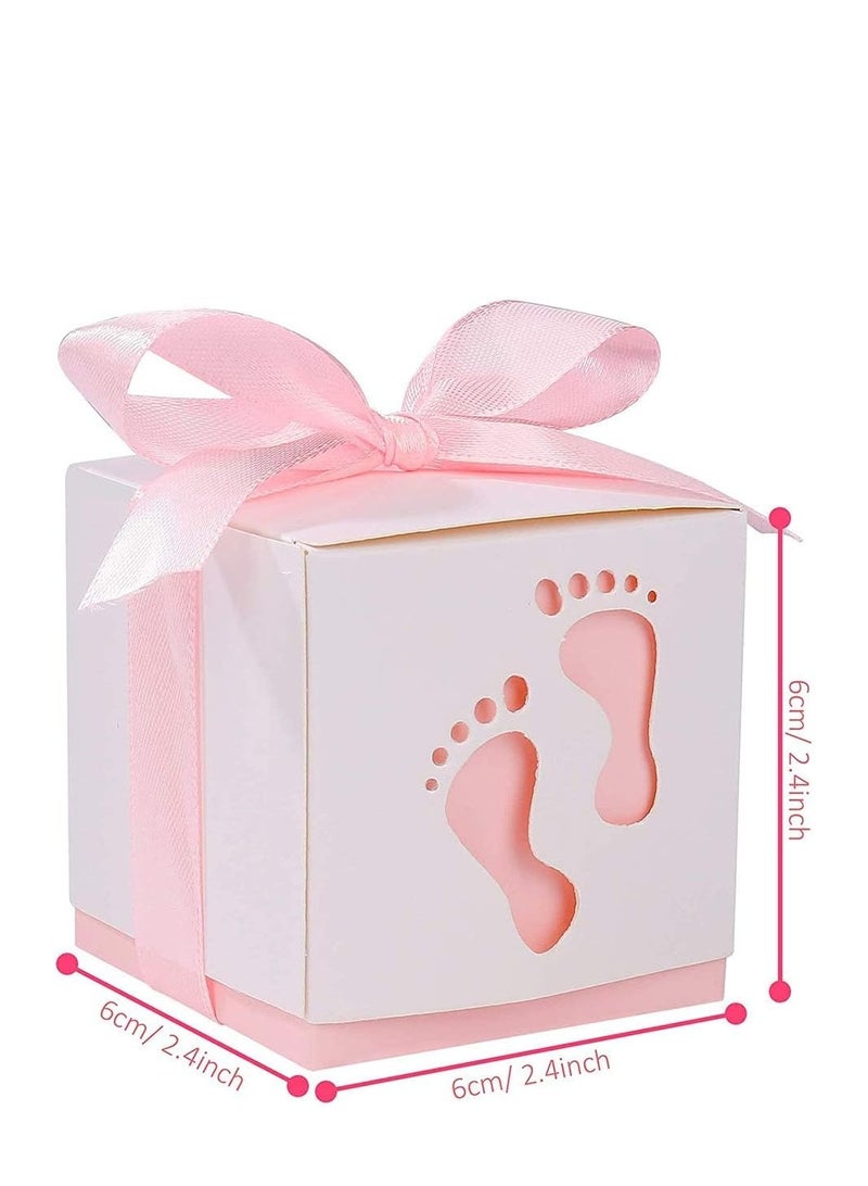 راكسوم علب هدايا حلوى مميزة، علب هدايا حلوى بشرائط، 25 قطعة من علب حلوى الأطفال، علب حلوى ببصمات أقدام الأطفال، لحفلات استقبال المولود، أعياد ميلاد الأطفال، حفلات الزفاف، الحفلات (وردي) - Image 3