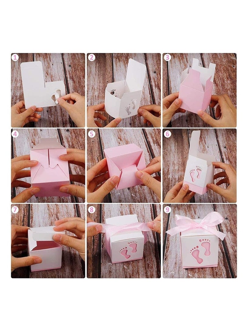 راكسوم علب هدايا حلوى مميزة، علب هدايا حلوى بشرائط، 25 قطعة من علب حلوى الأطفال، علب حلوى ببصمات أقدام الأطفال، لحفلات استقبال المولود، أعياد ميلاد الأطفال، حفلات الزفاف، الحفلات (وردي) - Image 4