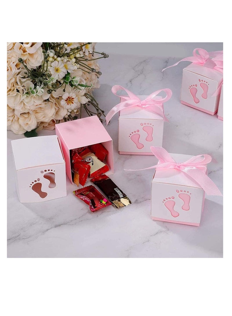 راكسوم علب هدايا حلوى مميزة، علب هدايا حلوى بشرائط، 25 قطعة من علب حلوى الأطفال، علب حلوى ببصمات أقدام الأطفال، لحفلات استقبال المولود، أعياد ميلاد الأطفال، حفلات الزفاف، الحفلات (وردي) - Image 5