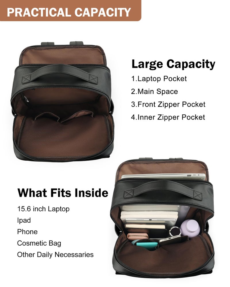 MASINTOR 15.6 inch PU Leather Laptop Backpack Purse for Women, Large College Casual Backpack Travel Bag Black - Image 3