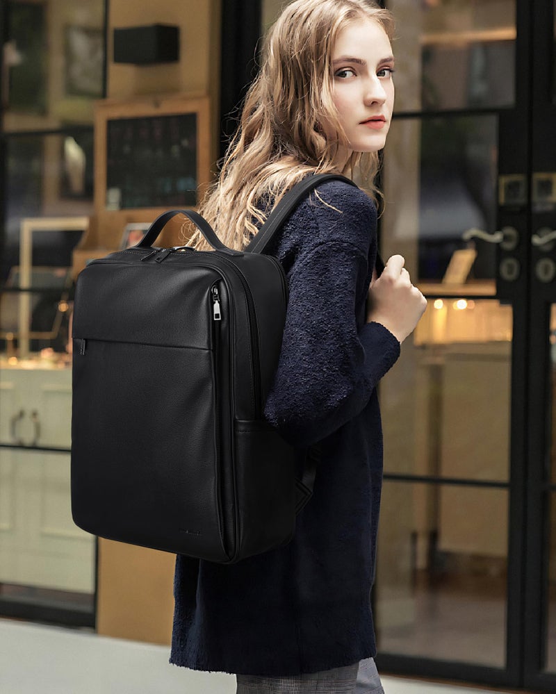 MASINTOR 15.6 inch PU Leather Laptop Backpack Purse for Women, Large College Casual Backpack Travel Bag Black - Image 2