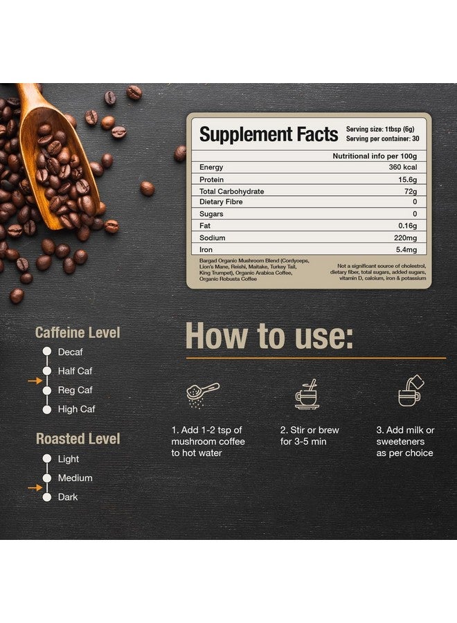 BARGAD Mushroom Coffee | 6 Adaptogen Mushrooms | Premium Instant Coffee With benefits of Lion's Mane, Chaga & Turkey Tail for Better Focus, Immune support, Energy, Digestion & Skin | 30 Servings - Image 4