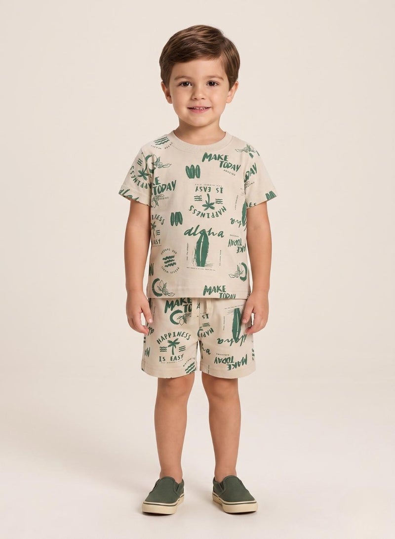babyqlo Boys Beige Green Summer Shorts Set - Image 1