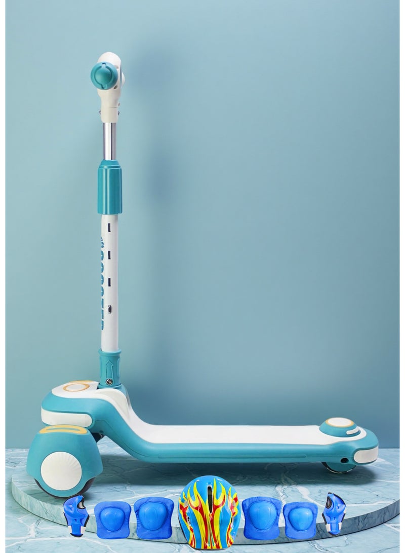 EASY FUTURE 3-8 Years Kids Scooter with Foldable Frame, Adjustable Handlebar, LED PU Wheels, Rear Brake & Built-in Music Including Full Protective Gear Set - Image 1