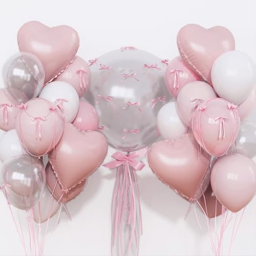 Froova Pastel Pink and White Balloons Heart Shape Balloons Light Baby Dusty Pink White Coquette Party Decorations with 18 inch Clear Heart Mylar Balloon for Princess Girl Just Want to Be One Birthday Decor - Image 1