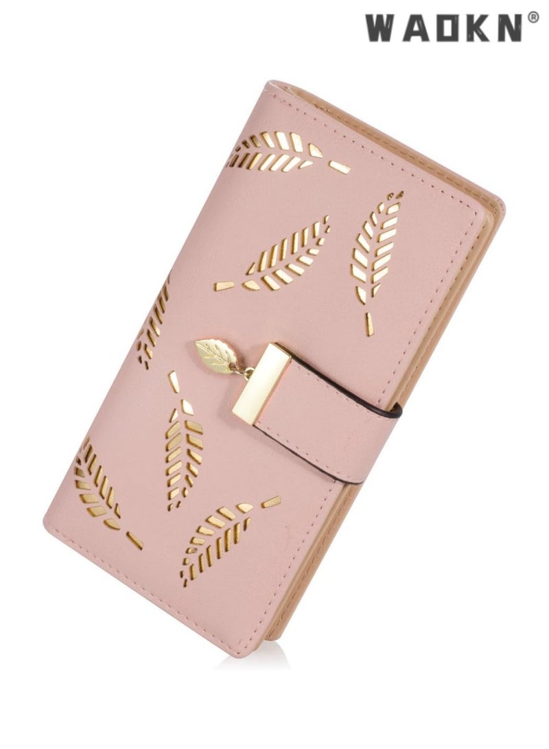 WAOKN Fashionable Women's Preferred Long Leaf Bifold Leather Wallet Card Holder with Delicate Zip Buckle, Elegant Clutch Purse, Multi-functional Storage, Versatile Handbag（Pink）  - Image 1