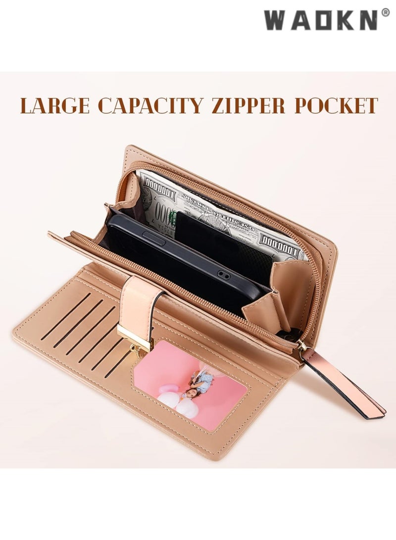 WAOKN Fashionable Women's Preferred Long Leaf Bifold Leather Wallet Card Holder with Delicate Zip Buckle, Elegant Clutch Purse, Multi-functional Storage, Versatile Handbag（Pink）  - Image 2
