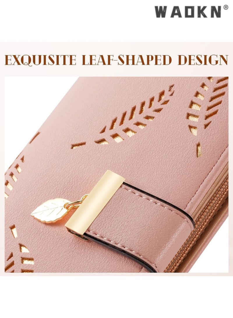 WAOKN Fashionable Women's Preferred Long Leaf Bifold Leather Wallet Card Holder with Delicate Zip Buckle, Elegant Clutch Purse, Multi-functional Storage, Versatile Handbag（Pink）  - Image 4