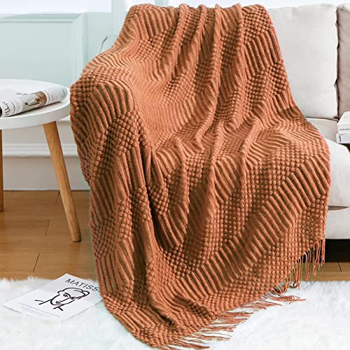Blagic Knitted Throw Blanket for Couch Soft Farmhouse Boho Fall Throw Blanket with Tassels Home Decorative Lightweight Rust Throws for Bed/Chair/Sofa  Pineapple Textured  50"" W x 60"" L
