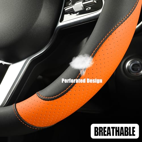 Binsheo Leather Steering Wheel Cover, Breathable, Anti Slip & Odor Free, Black and Orange - Image 3