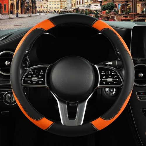 Binsheo Leather Steering Wheel Cover, Breathable, Anti Slip & Odor Free, Black and Orange - Image 2