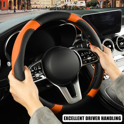 Binsheo Leather Steering Wheel Cover, Breathable, Anti Slip & Odor Free, Black and Orange - Image 5