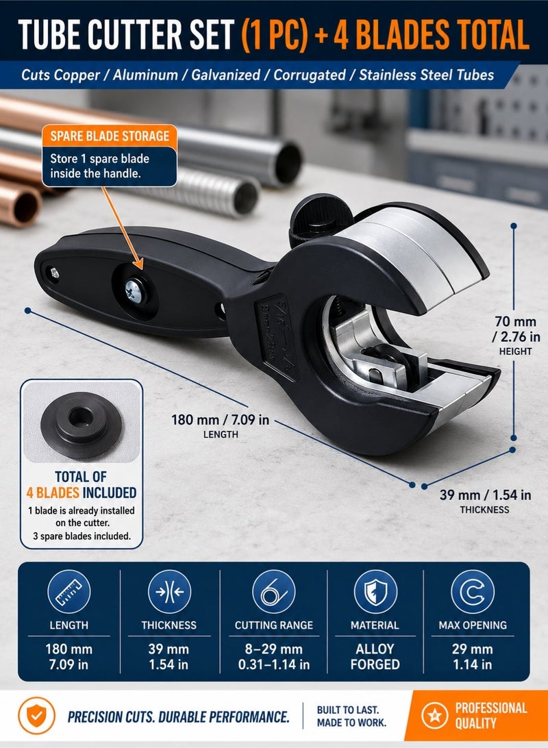 LOOPITYS Heavy Duty Ratcheting Pipe Cutter 8-29mm (1/4"-7/8") with 2 Blades + 2 Extra Replacement Blades, 360° Adjustable Tube Cutter for Copper, Aluminum, Steel, Stainless Steel, PPR & PE Pipes, Ergonomic Handle Pipe Cutting Tool - Image 4