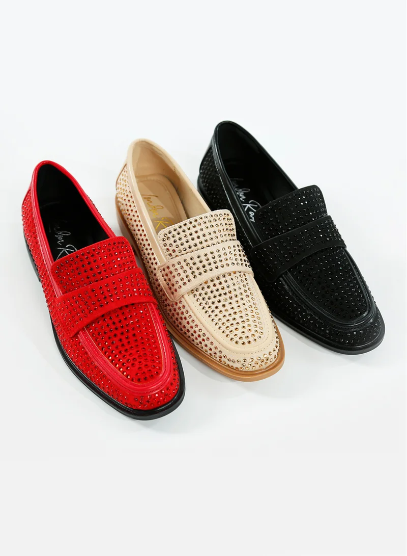 London Rag Rhinestones Embellished Loafers in Black