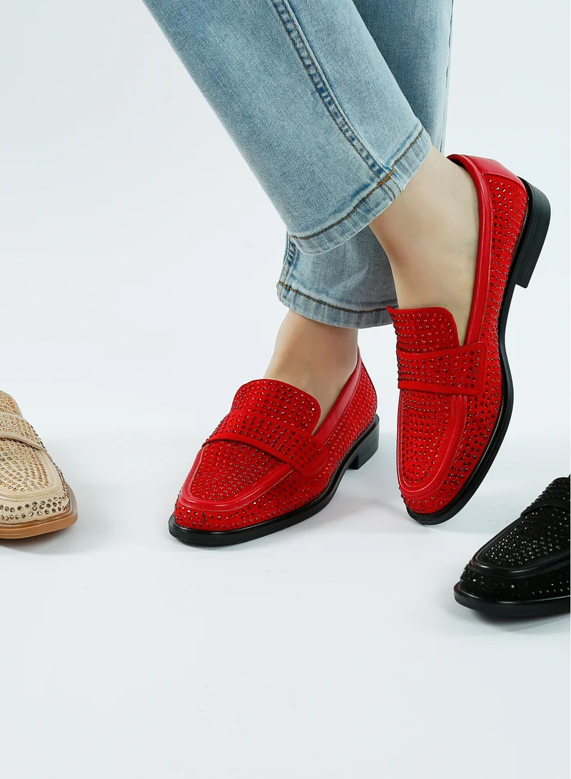 London Rag Rhinestones Embellished Loafers in Black
