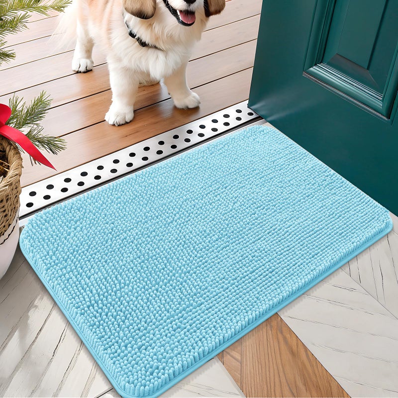 OLANLY Dog Door Mat for Muddy Paws 24x16, Absorbs Moisture and Dirt, Absorbent Non-Slip Washable Doormat, Quick Dry Chenille Mud Mat for Dogs, Entry Indoor Entryway Carpet for Inside Floor, Blue - Image 1