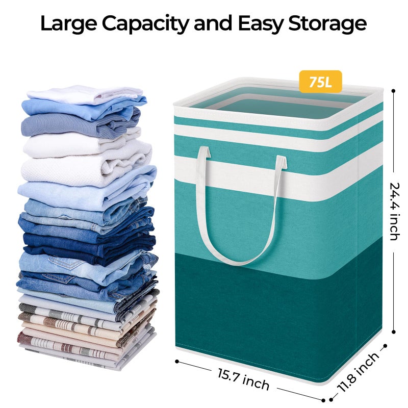 HomeHacks سلة غسيل كبيرة 2-pack HomeHacks، مقاومة للماء، سلة غسيل قائمة بذاتها، سلة ملابس قابلة للطي مع مقابض ممتدة للملابس والألعاب في السكن العائلي (أخضر، 75 لتر) - Image 4